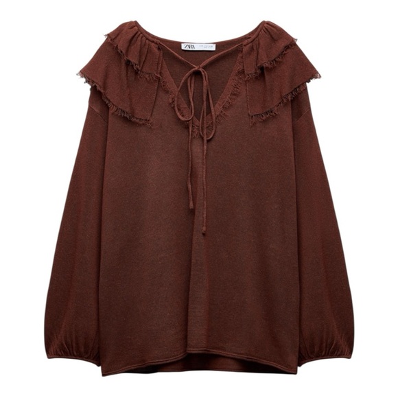 Zara Burgundy Ruffled Tie Front 3/4 Sleeve Blouse M - Picture 4 of 5